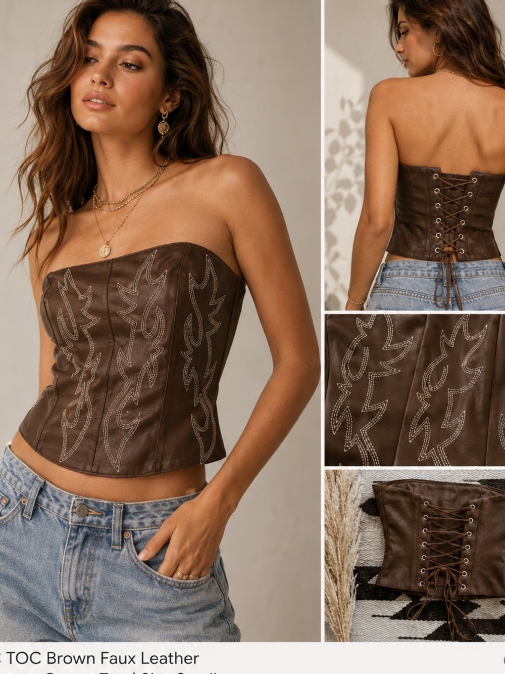 TIC TOC Brown Faux Leather Western Corset Top | Flame Stitch Detail | Size Small